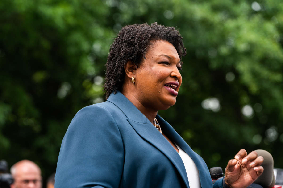 Stacey Abrams delivers remarks and answers questions from reporters regarding the Georgia Primary at the Israel Missionary Baptist Church on May 24, 2022.