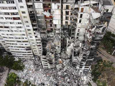 An aerial view of buildings damaged by shelling in Kharkiv in eastern Ukraine on June 12, 2022.