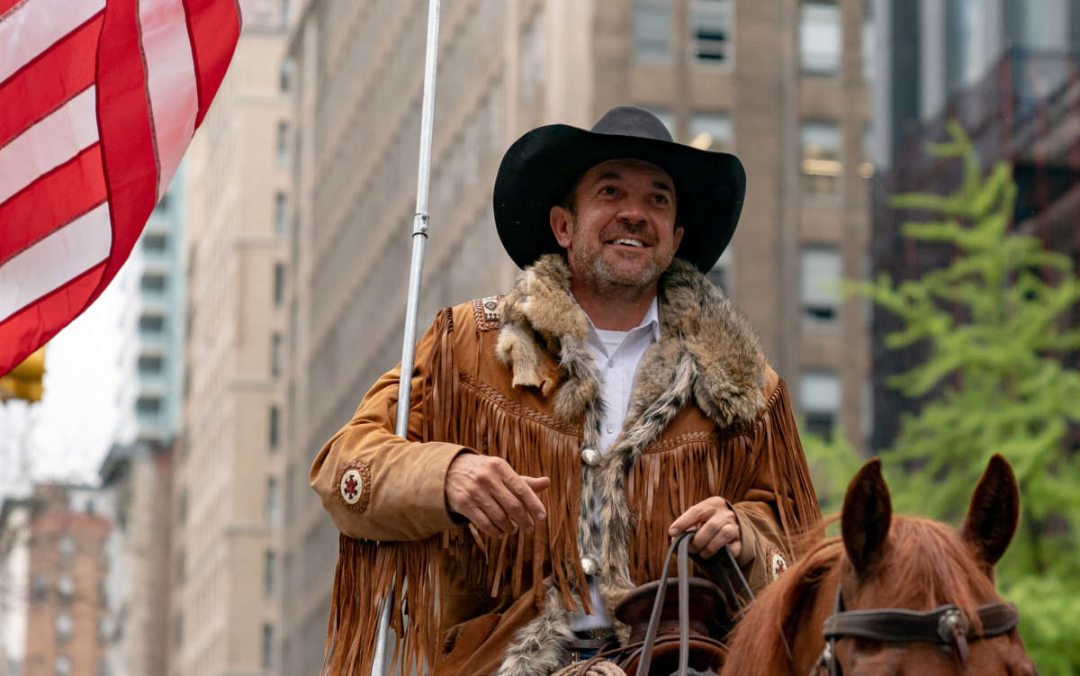 Otero County Commission Chairman and Cowboys for Trump co-founder Couy Griffin rides his horse on 5th avenue on May 1, 2020, in New York City.