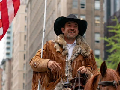 Otero County Commission Chairman and Cowboys for Trump co-founder Couy Griffin rides his horse on 5th avenue on May 1, 2020, in New York City.