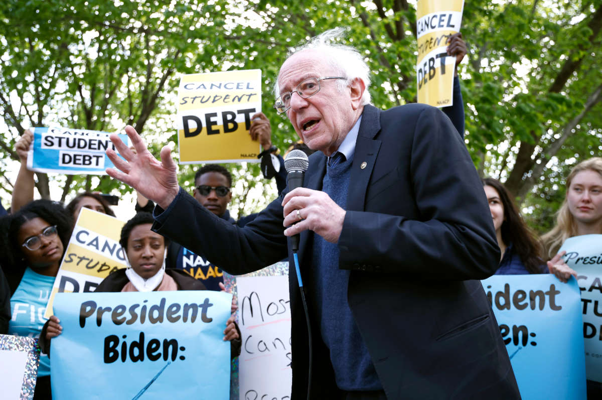 Sen. Bernie Sanders joins student debtors to again call on President Biden to cancel student debt at an early morning action outside the White House on April 27, 2022, in Washington, D.C.