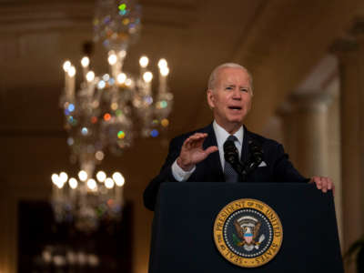 President Joe Biden delivers remarks from the Cross Hall of the White House on June 2, 2022, in Washington, D.C.