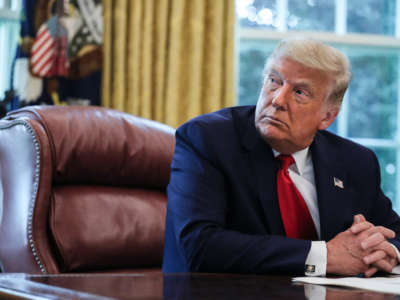Then-president Donald Trump speaks in the Oval Office on September 17, 2020, in Washington, D.C.
