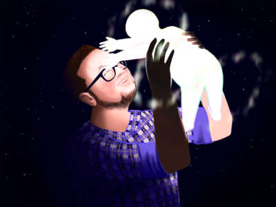 An Illustration of a man holding up a baby made of light, both of them joyfully laughing with the other, against a starry sky.