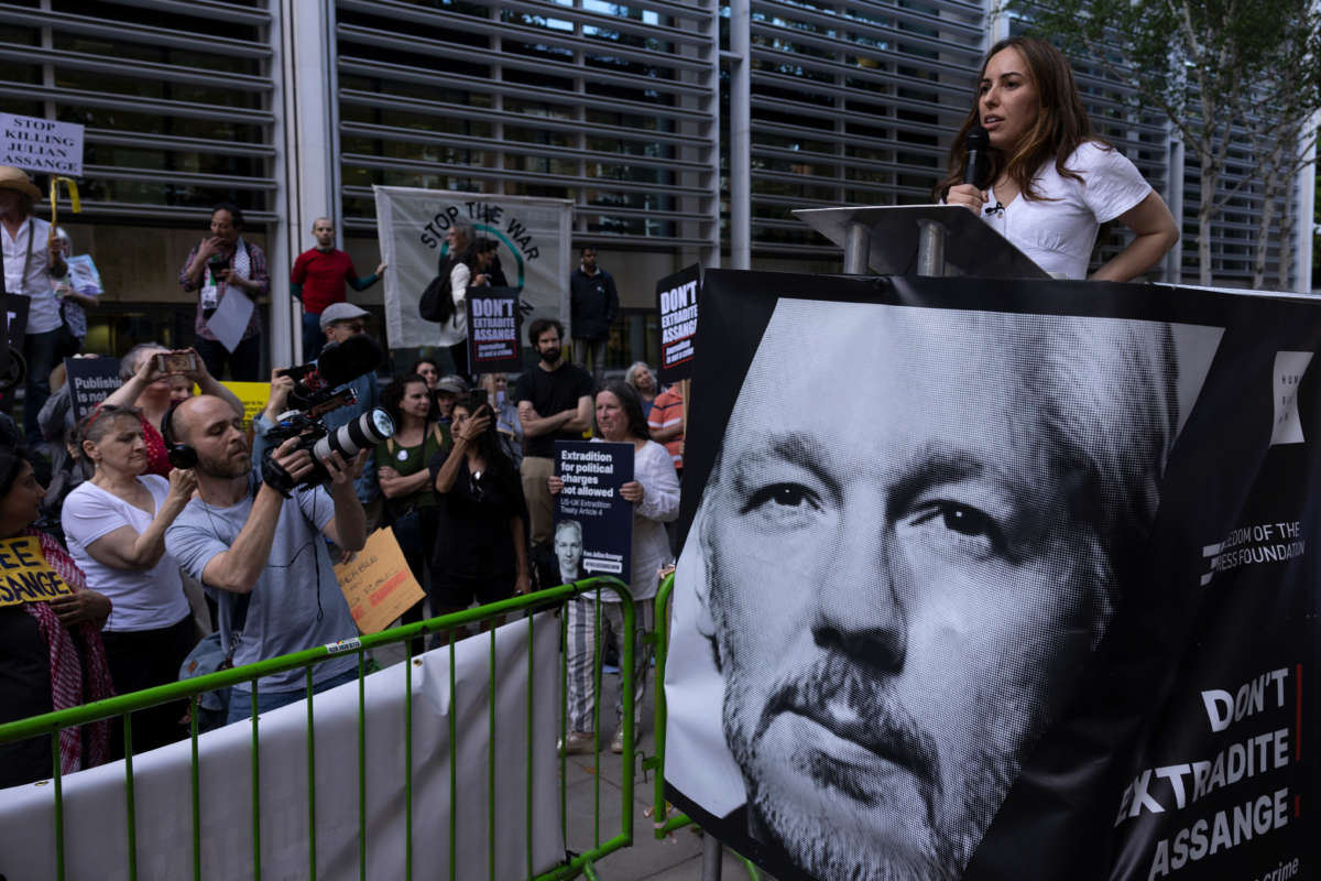 Stella Assange, wife of WikiLeaks founder Julian Assange, delivers a speech in front of the Home Office as protesters gather to Demand Julian Assange's immediate release on May 17, 2022, in London, England.
