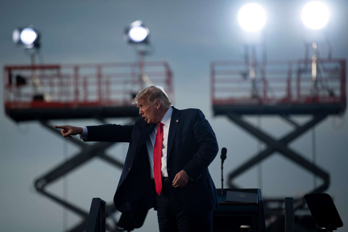 President Donald Trump leaves after speaking at a Make America Great Again rally at Ocala International Airport in Ocala, Florida, on October 16, 2020.