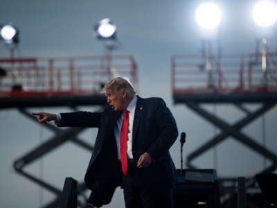 President Donald Trump leaves after speaking at a Make America Great Again rally at Ocala International Airport in Ocala, Florida, on October 16, 2020.