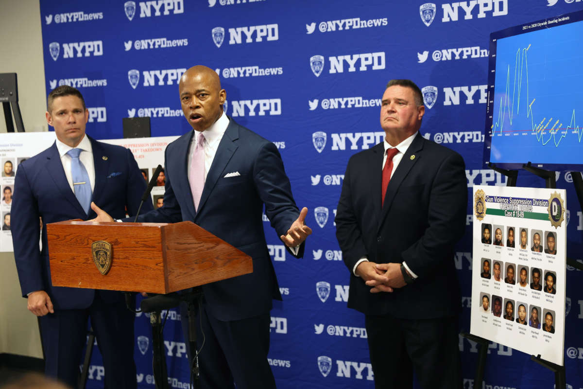 New York Mayor Eric Adams is joined by NYPD Deputy Chief Jason Savino, left, and NYPD Chief of Detectives James Essig at a Brooklyn police facility on June 6, 2022, in New York City.