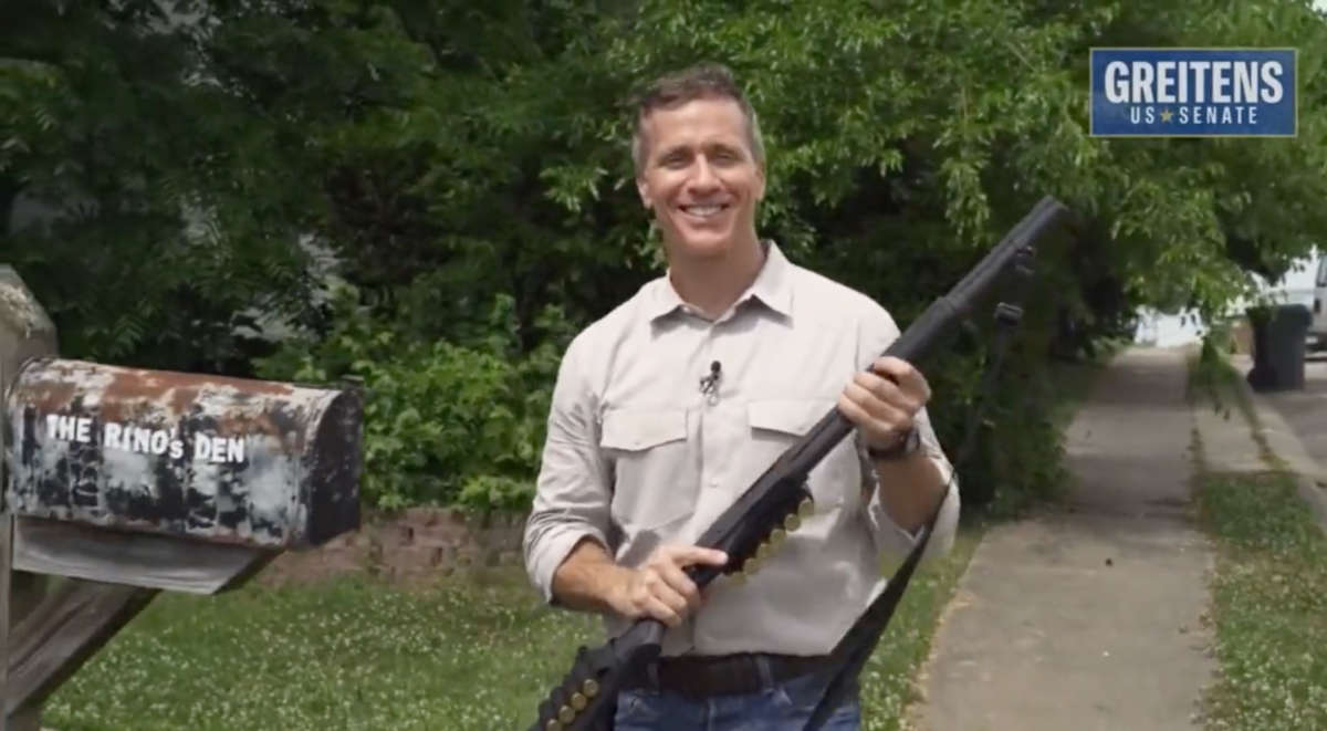 Missouri Republican Senate candidate Eric Greitens wields a shotgun in a campaign ad.