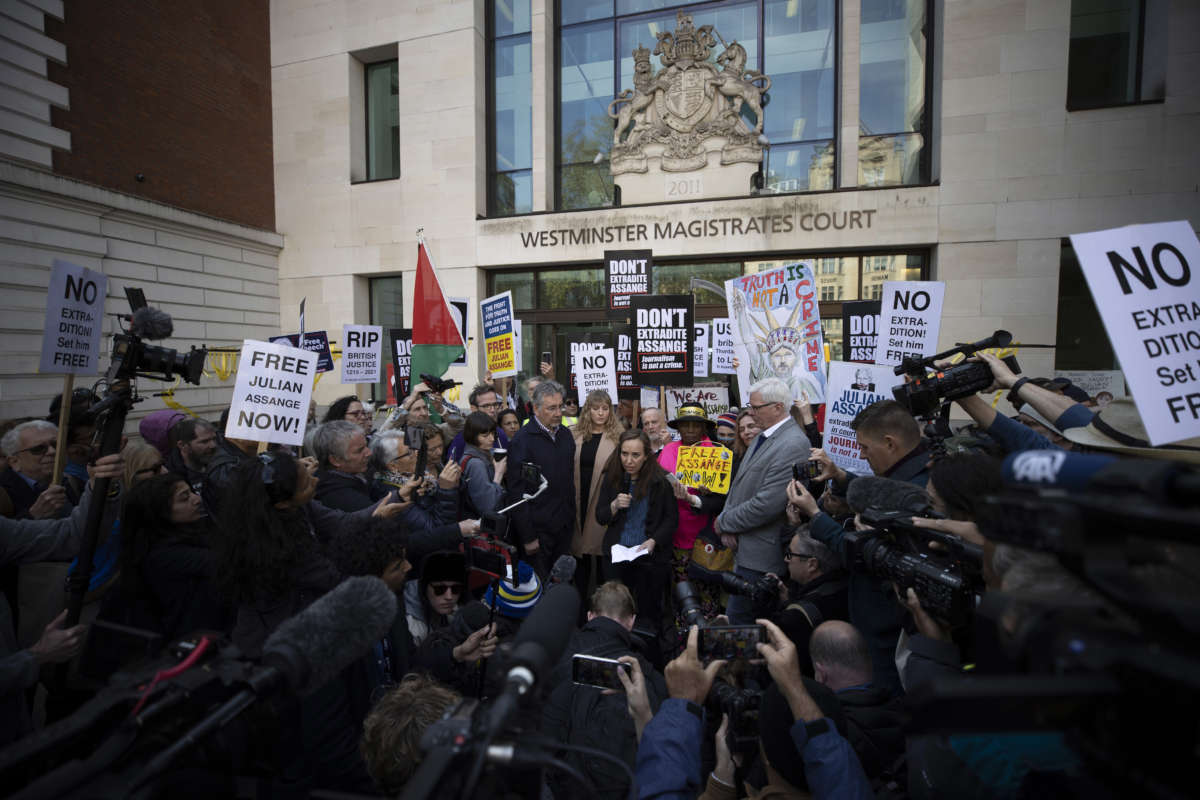 Stella Morris, wife of Julian Assange, speaks during a protest outside the City of Westminster Magistrates Court in London, England, on April 20, 2022.