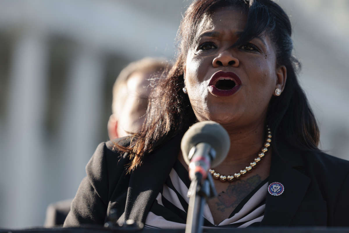 Rep. Cori Bush speaks at a news conference outside of the U.S. Capitol Building on May 10, 2022 in Washington, D.C.