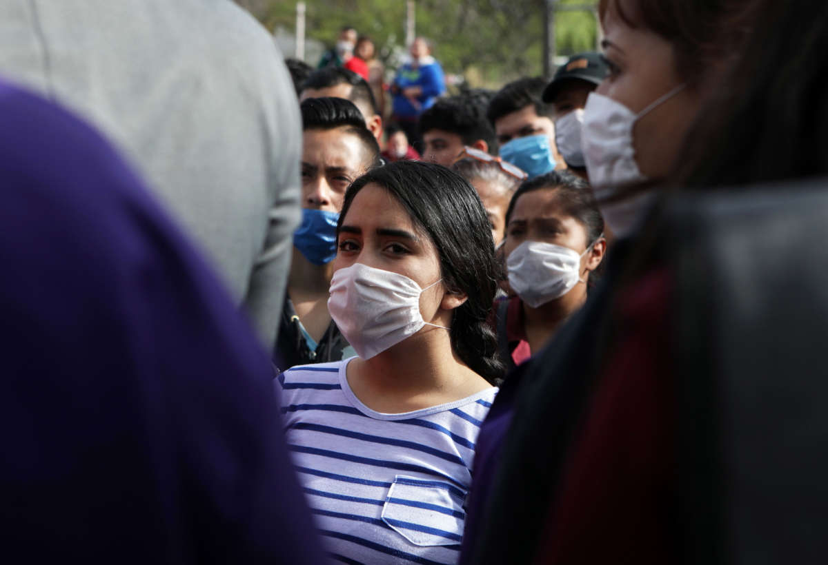 Factory workers halt their work to protest against the lack of safety measures against COVID-19, outside Electrocomponentes of Mexico, a company in the Mexican city of Ciudad Juárez in Chihuahua, Mexico, on April 20, 2020.