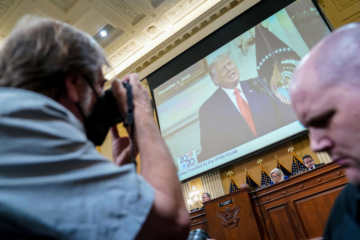 Former President Donald Trump is seen as the House January 6 select committee holds its fourth public hearing on Capitol Hill on June 21, 2022.