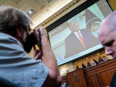 Former President Donald Trump is seen as the House January 6 select committee holds its fourth public hearing on Capitol Hill on June 21, 2022.