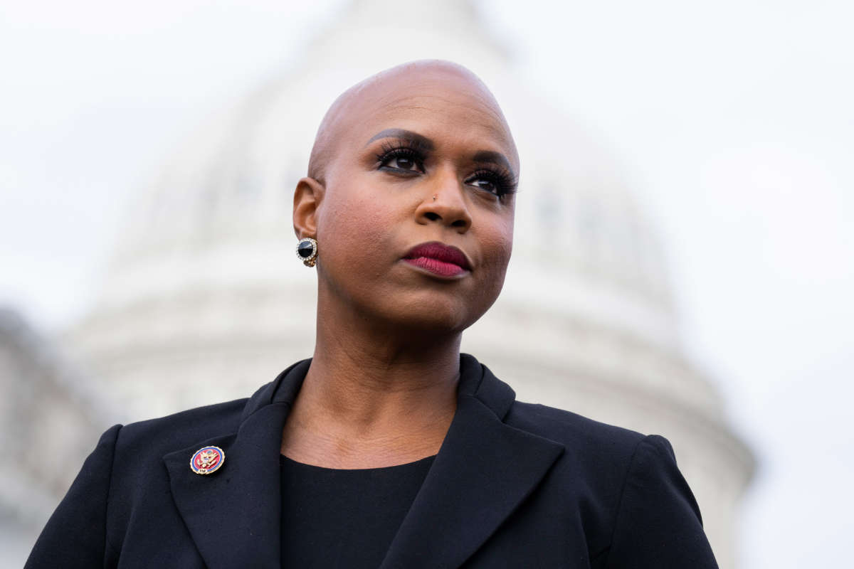 Rep. Ayanna Pressley attends a news conference outside the U.S. Capitol on December 10, 2021.