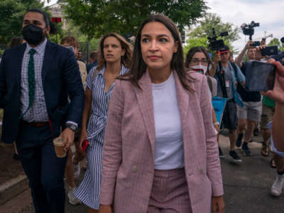 Rep. Alexandria Ocasio-Cortez leaves after speaking to abortion rights activists in front of the U.S. Supreme Court on June 24, 2022, in Washington, D.C.