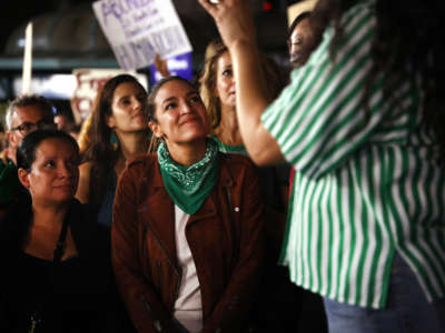 Rep. Alexandria Ocasio-Cortez attends a demonstration against the Supreme Court's decision in the Dobbs v Jackson Women's Health case on June 24, 2022, in the Manhattan borough of New York City.