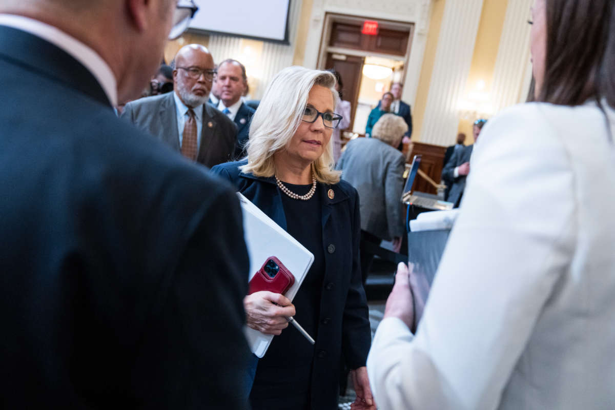 Vice chair Rep. Liz Cheney greets Cassidy Hutchinson, an aide to former White House Chief of Staff Mark Meadows, after she testified during the Select Committee to Investigate the January 6th Attack on the United States Capitol hearing to present previously unseen material and hear witness testimony in Cannon Building, on June 28, 2022.