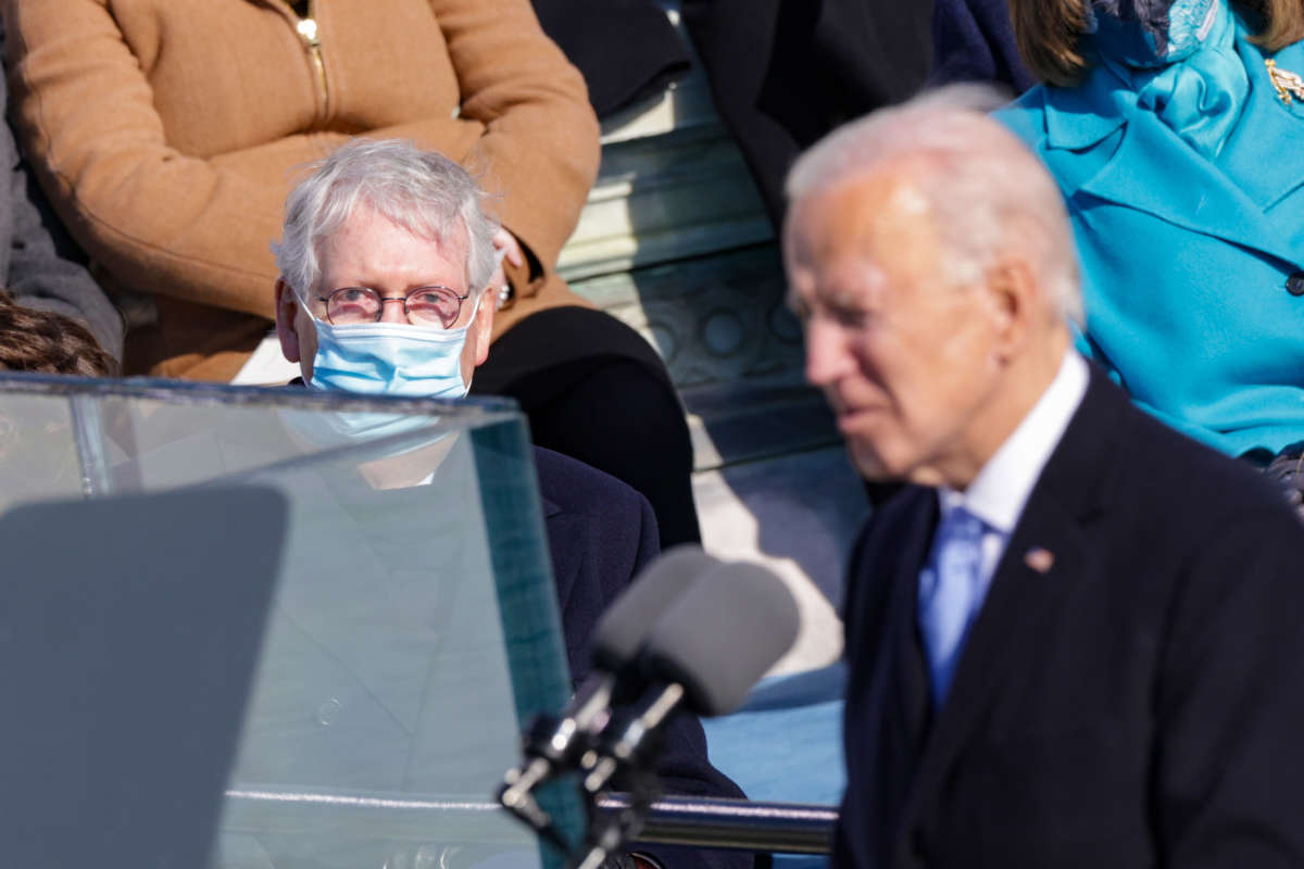 Then-Senate Majority Leader Mitch McConnell looks on as President Joe Biden delivers his inaugural address on the West Front of the U.S. Capitol on January 20, 2021, in Washington, D.C.
