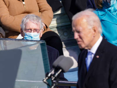 Then-Senate Majority Leader Mitch McConnell looks on as President Joe Biden delivers his inaugural address on the West Front of the U.S. Capitol on January 20, 2021, in Washington, D.C.