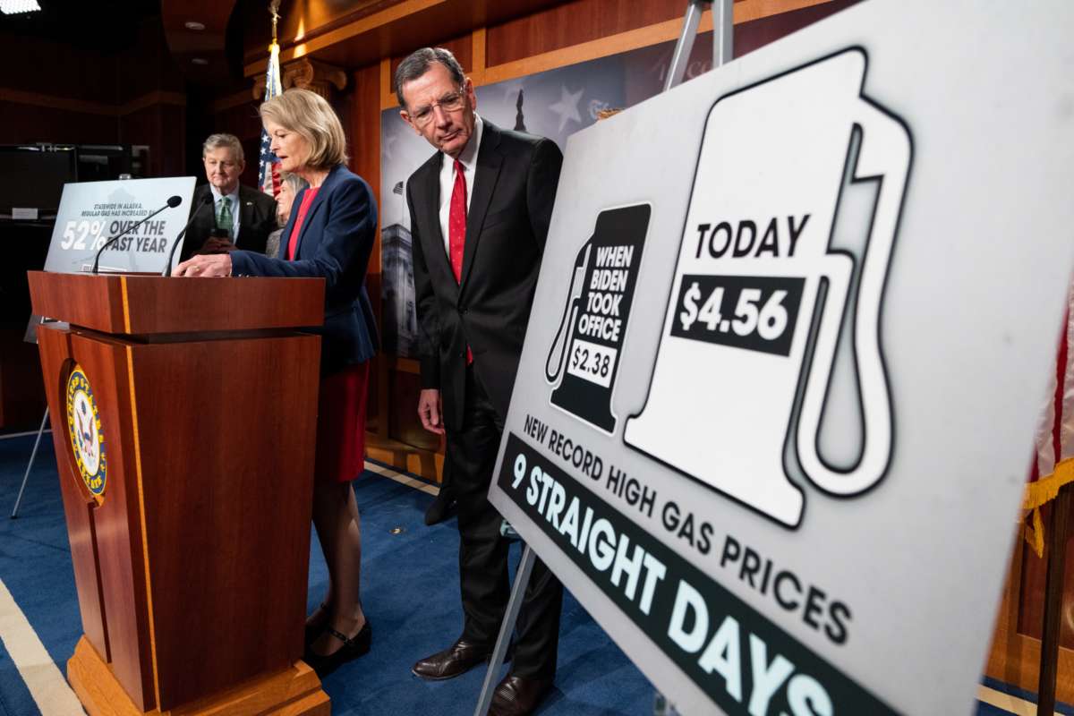 Senators John Neely Kennedy, Lisa Murkowski and John Barrasso hold their news conference in the Capitol on gas prices on May 18, 2022.