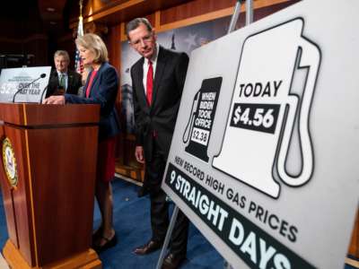 Senators John Neely Kennedy, Lisa Murkowski and John Barrasso hold their news conference in the Capitol on gas prices on May 18, 2022.