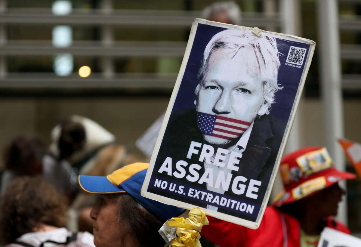 Supporters of Julian Assange are seen in front of the British Home Office in London, Britain, on May 17, 2022.