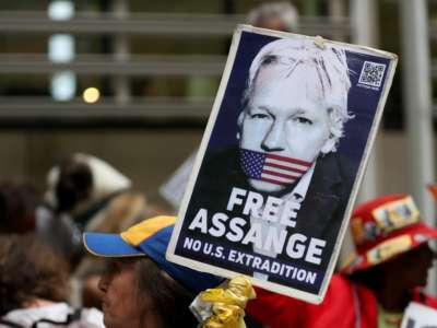 Supporters of Julian Assange are seen in front of the British Home Office in London, Britain, on May 17, 2022.