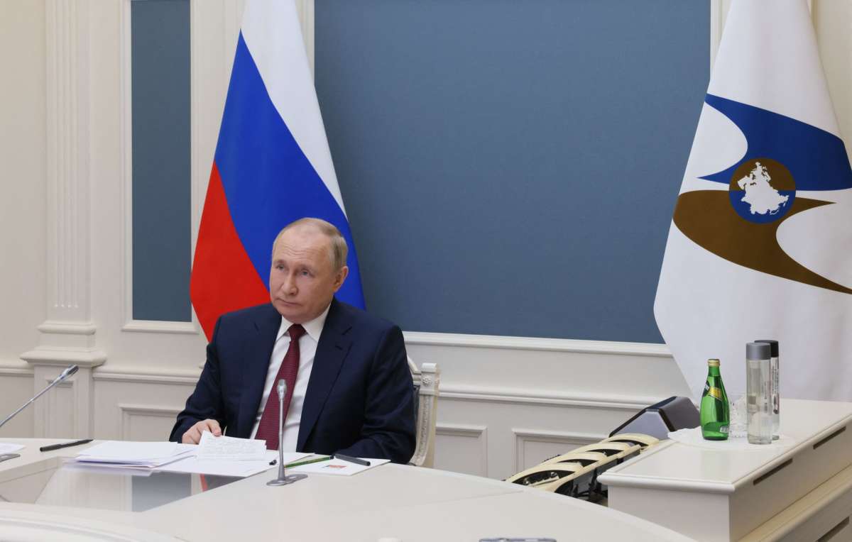 Russian President Vladimir Putin takes part in an economic forum of former Soviet countries held in Bishkek, Kyrgyzstan, via a video link in Moscow, Russia, on May 26, 2022.