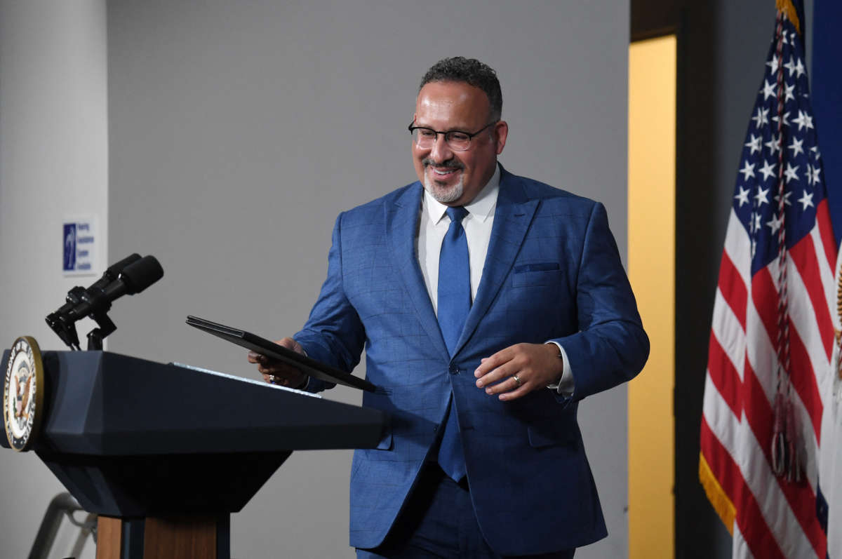 Education Secretary Miguel Cardona speaks at the Department of Education in Washington, D.C., on June 2, 2022.