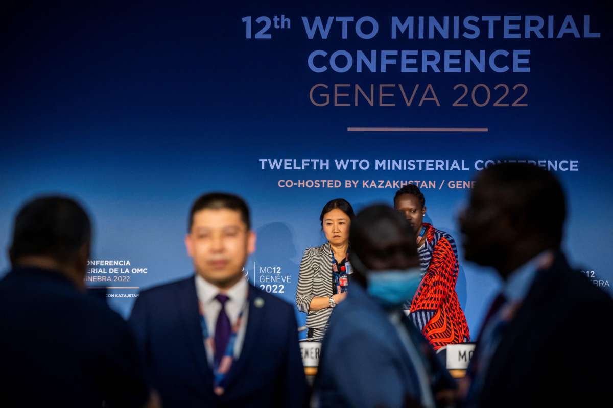 Ambassadors hold discussions before the opening ceremony of the 12th Ministerial Conference at the headquarters of the World Trade Organization (WTO), in Geneva, Switzerland, on June 12, 2022.