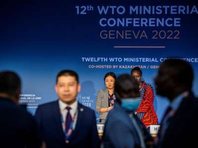 Ambassadors hold discussions before the opening ceremony of the 12th Ministerial Conference at the headquarters of the World Trade Organization (WTO), in Geneva, Switzerland, on June 12, 2022.