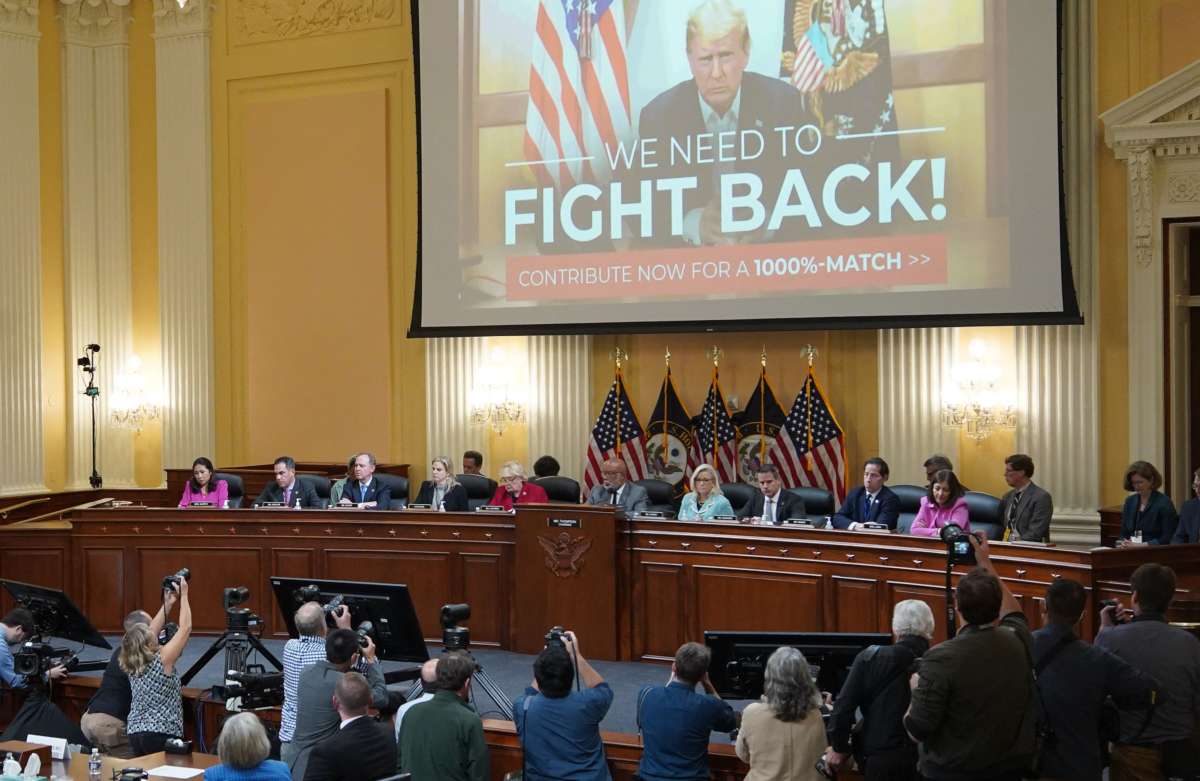 Video of Donald Trump being shown during the hearings on the January 6 Capitol attack