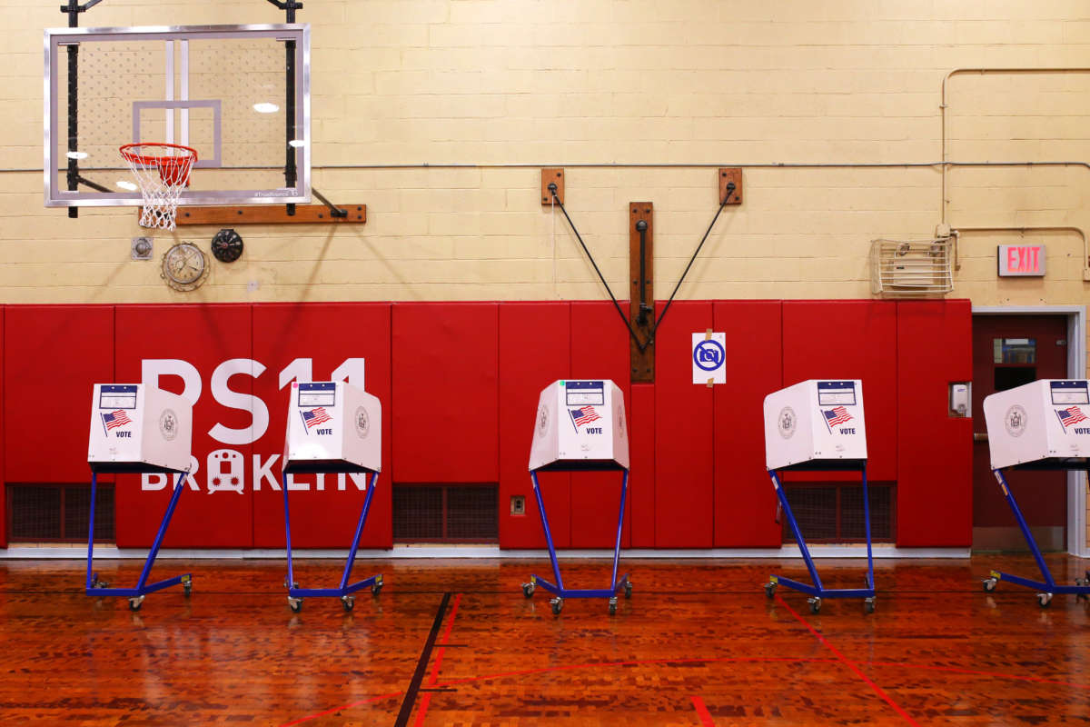 Empty voting machines are seen on Election Day at P.S. 11 Purvis J. Behan Elementary on November 2, 2021, in the Clinton Hill neighborhood of Brooklyn borough in New York City.