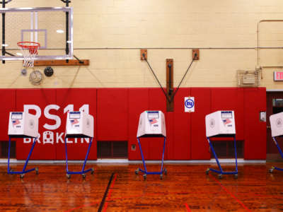 Empty voting machines are seen on Election Day at P.S. 11 Purvis J. Behan Elementary on November 2, 2021, in the Clinton Hill neighborhood of Brooklyn borough in New York City.