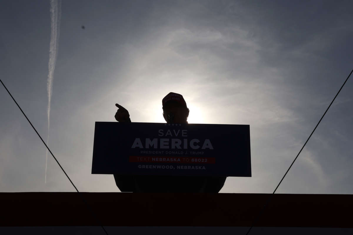 Former President Donald Trump speaks to supporters during a rally at the I-80 Speedway on May 1, 2022, in Greenwood, Nebraska.