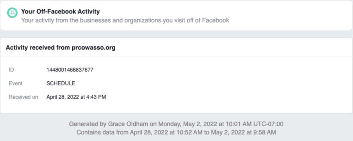 Using Meta’s Privacy Center, we found that Facebook captured Reveal reporter Grace Oldham requesting an appointment at the Pregnancy Resource Center of Owasso in Oklahoma.