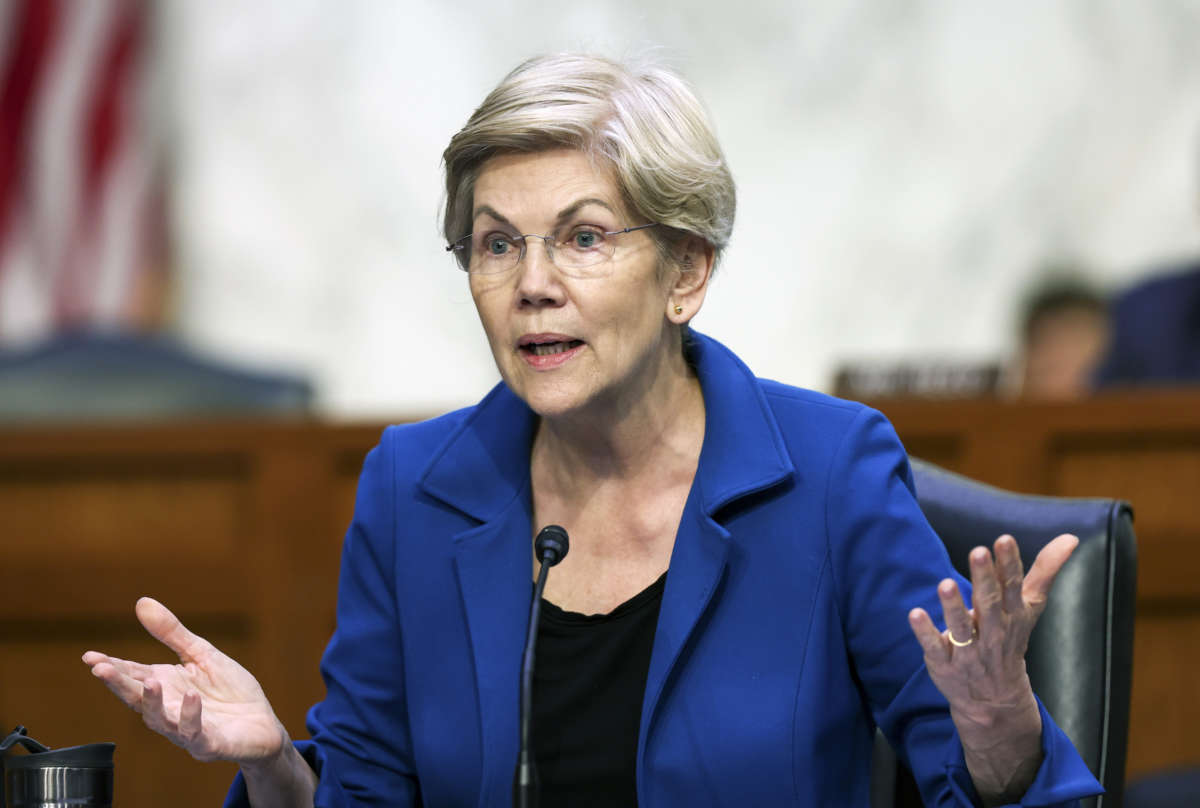 U.S. Sen. Elizabeth Warren (D-Massachusetts) questions Jerome Powell, Chairman, Board of Governors of the Federal Reserve System as he testifies before the Senate Banking, Housing, and Urban Affairs Committee on June 22, 2022 in Washington, D.C.