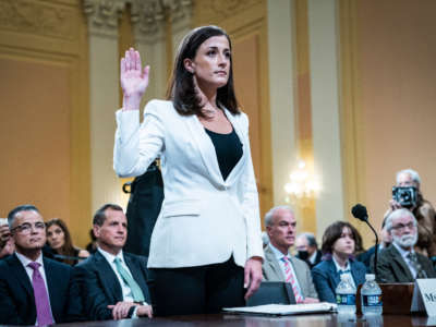 Cassidy Hutchinson, former aide to Trump White House chief of staff Mark Meadows, is sworn in to testify during a hearing as the House select committee investigating the January 6 attack on the U.S. Capitol continues to share findings of its investigation, on Capitol Hill on June 28, 2022, in Washington, D.C.