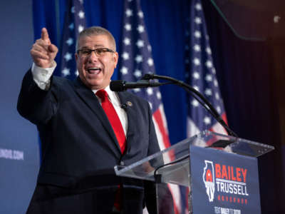 Republican gubernatorial candidate, state Sen. Darren Bailey speaks at an election-night party on June 28, 2022, in Effingham, Illinois.