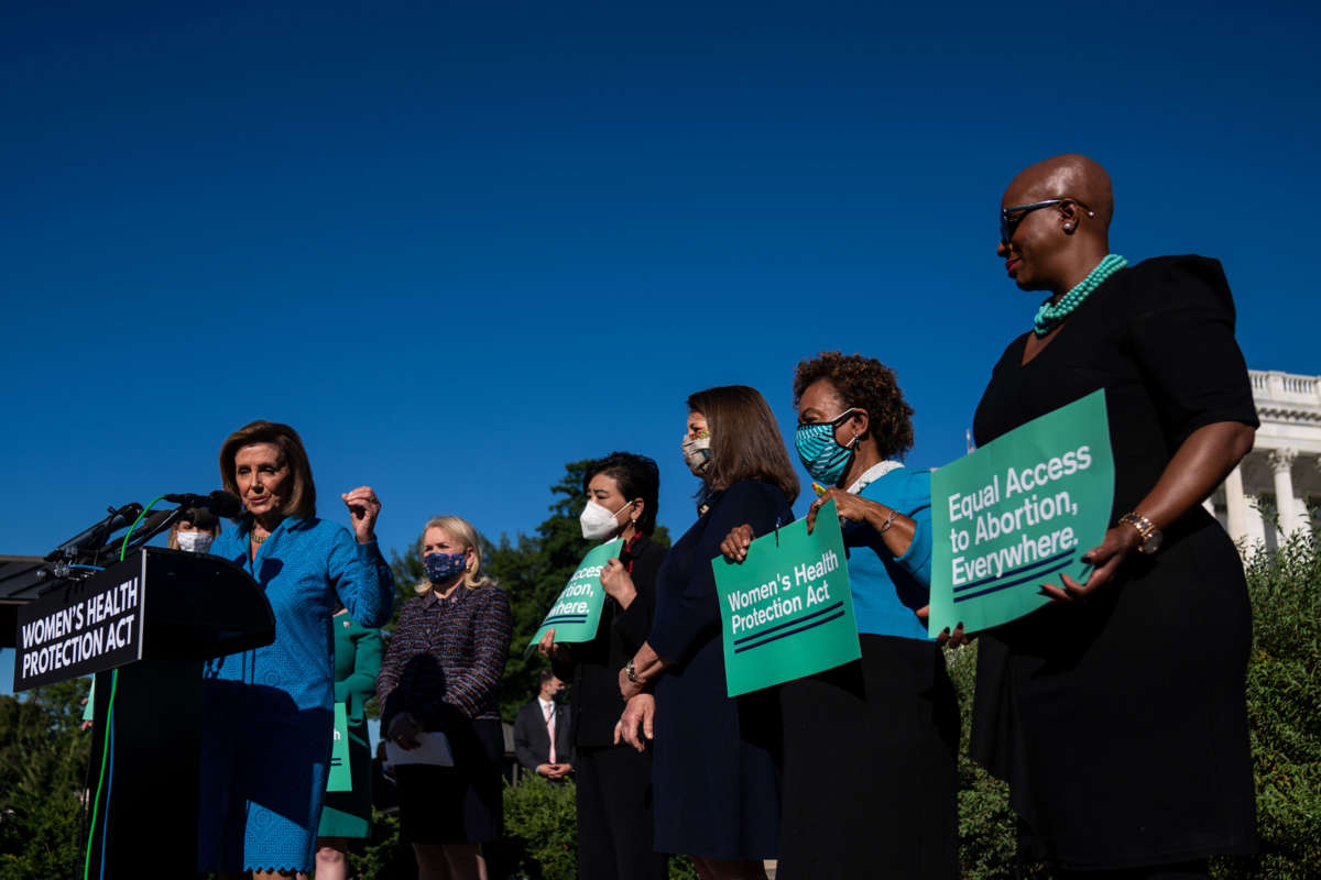 Speaker of the House Nancy Pelosi speaks during a news conference on the Women's Health Protection Act, outside the U.S. Capitol on September 24, 2021, in Washington, D.C.