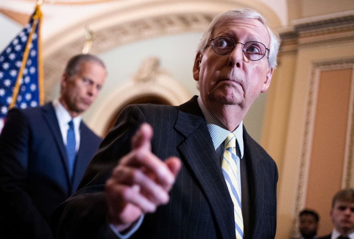 Senate Minority Leader Mitch McConnell conducts a news conference after the senate luncheons in the U.S. Capitol on June 22, 2022.