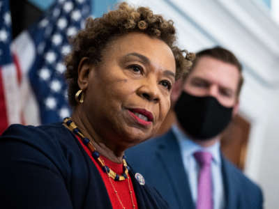 Rep. Barbara Lee conducts a news conference in the U.S. Capitol on February 23, 2022.
