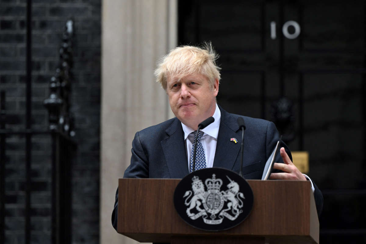 Britain's Prime Minister Boris Johnson makes a statement in front of 10 Downing Street in central London on July 7, 2022.