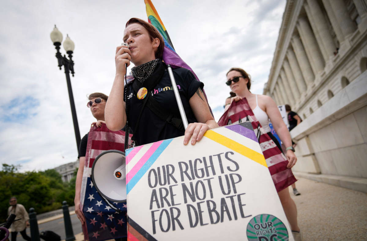 A group of abortion rights activists march from the U.S. Supreme Court to the House of Representatives office buildings on Capitol Hill on July 6, 2022, in Washington, D.C.