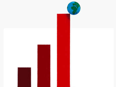 Earth teetering on edge of tall bar graph