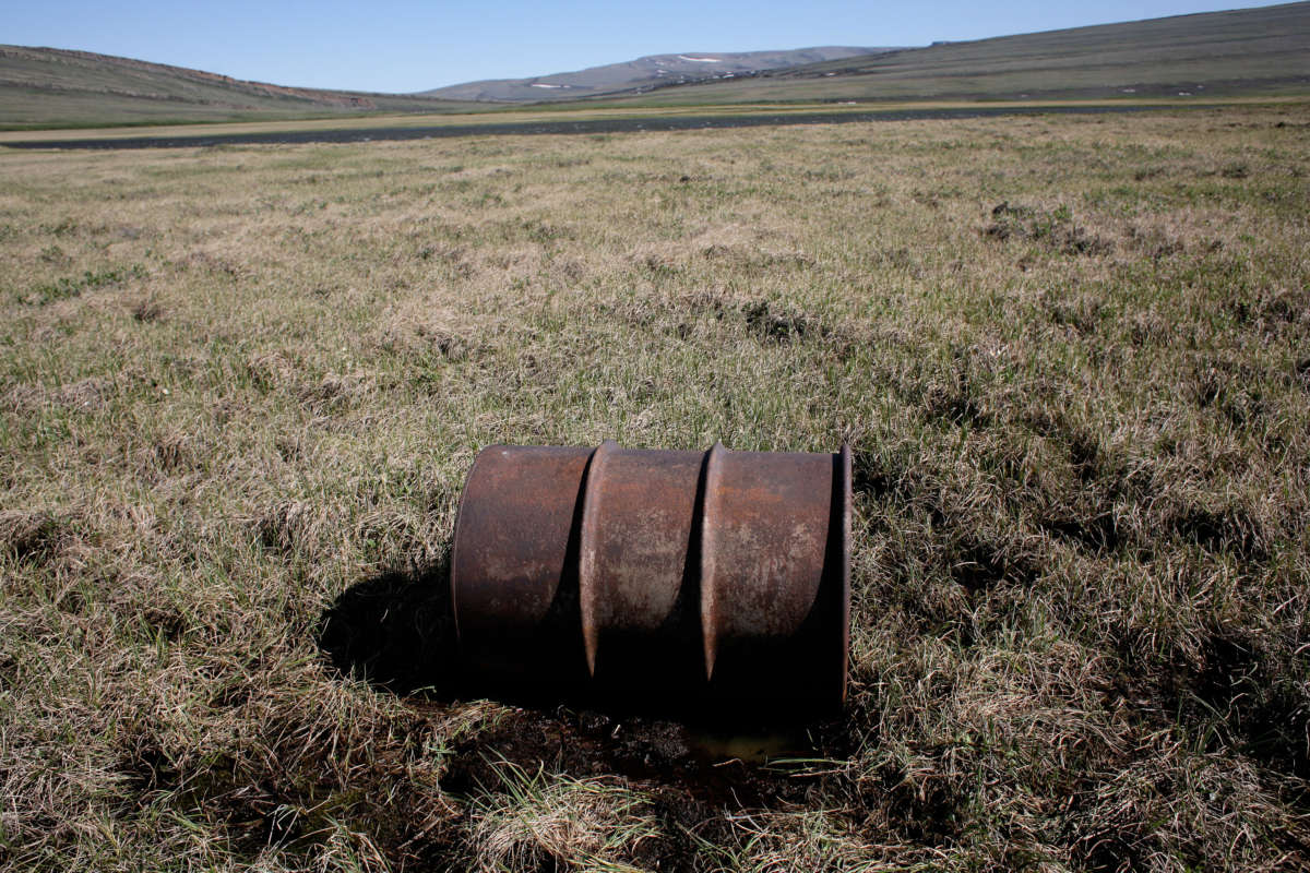 A lone oil barrell in the tundra, most likely used for helicopter refueling during the last major mineral survey of the region in 1950.