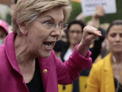 Sen. Elizabeth Warren (D-Massachusetts) speaks to pro-choice demonstrators outside of the U.S. Supreme Court Building on May 03, 2022 in Washington, D.C.