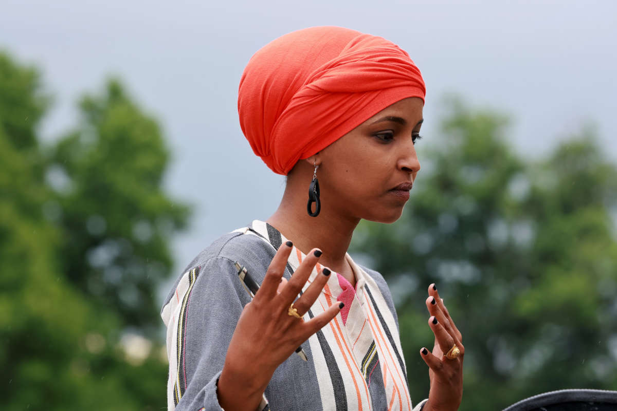 Rep. Ilhan Omar (D-Minnesota) speaks during a press conference held outside of the U.S. Capitol Building on June 14, 2022 in Washington, D.C.