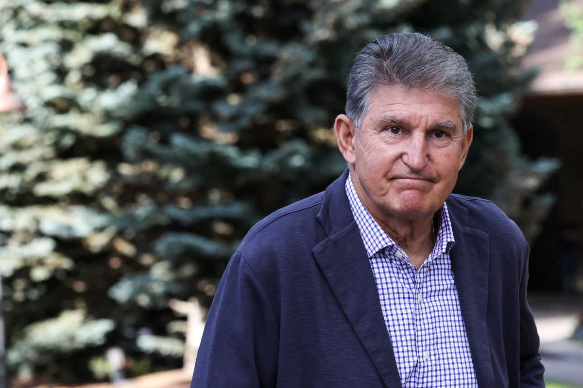 Sen. Joe Manchin walks to a morning session during the Allen & Company Sun Valley Conference on July 7, 2022 in Sun Valley, Idaho.